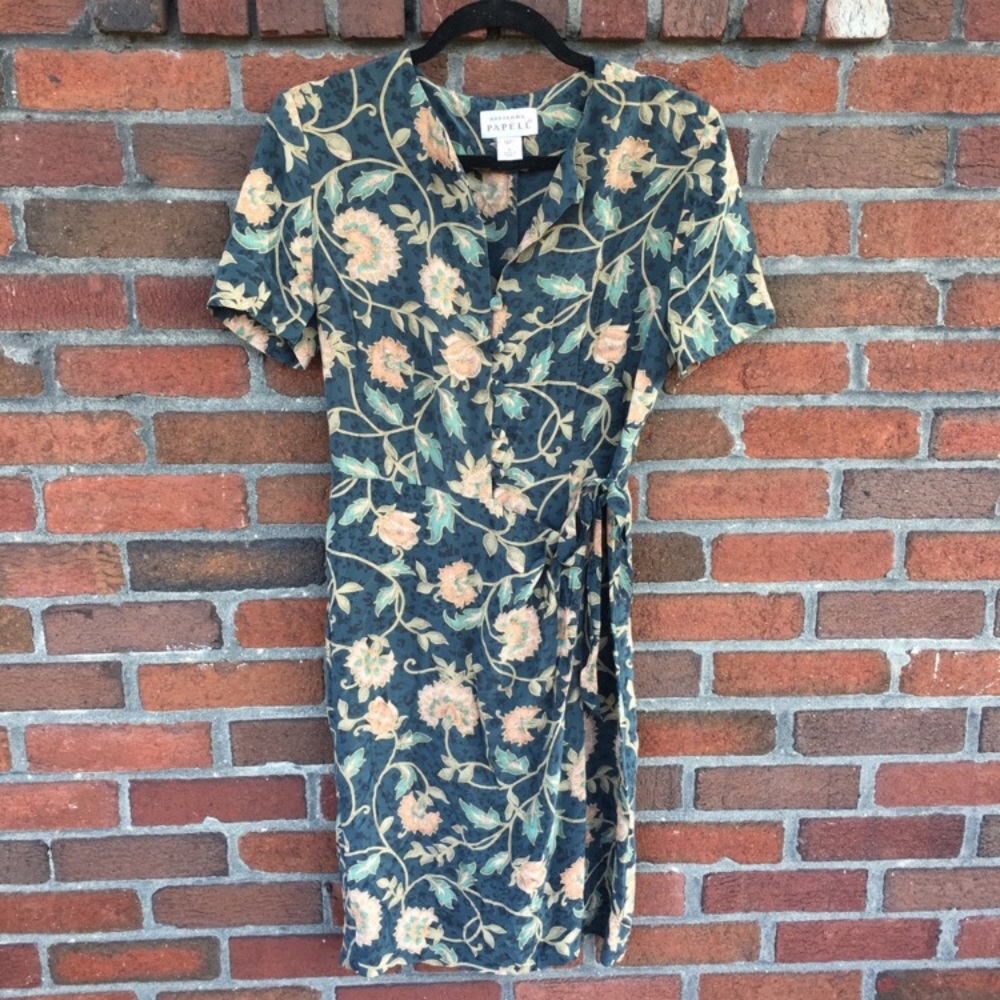 Vintage Adrianna Papell 100% Silk Faux Wrap Dress